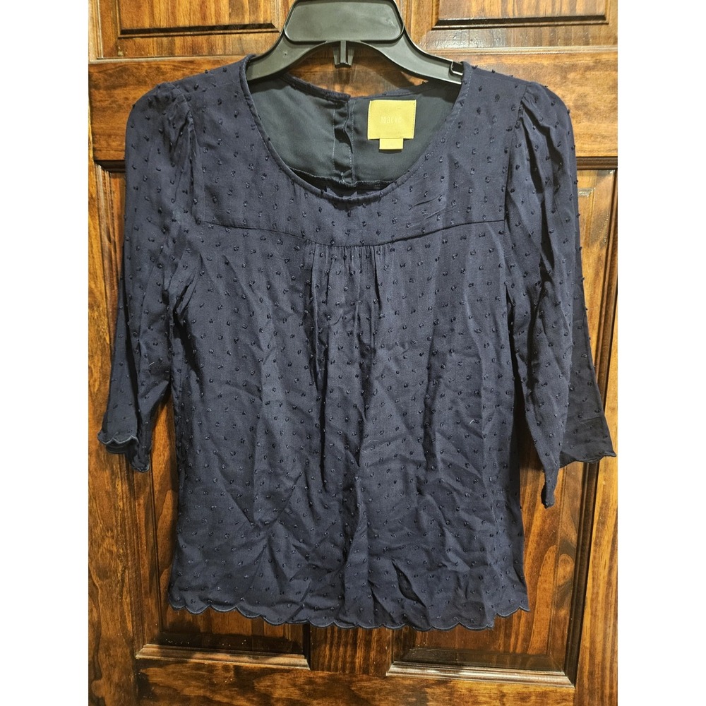 Maeve Anthropologie Navy Blue Scalloped Hem Pintuck Blouse Top 2P